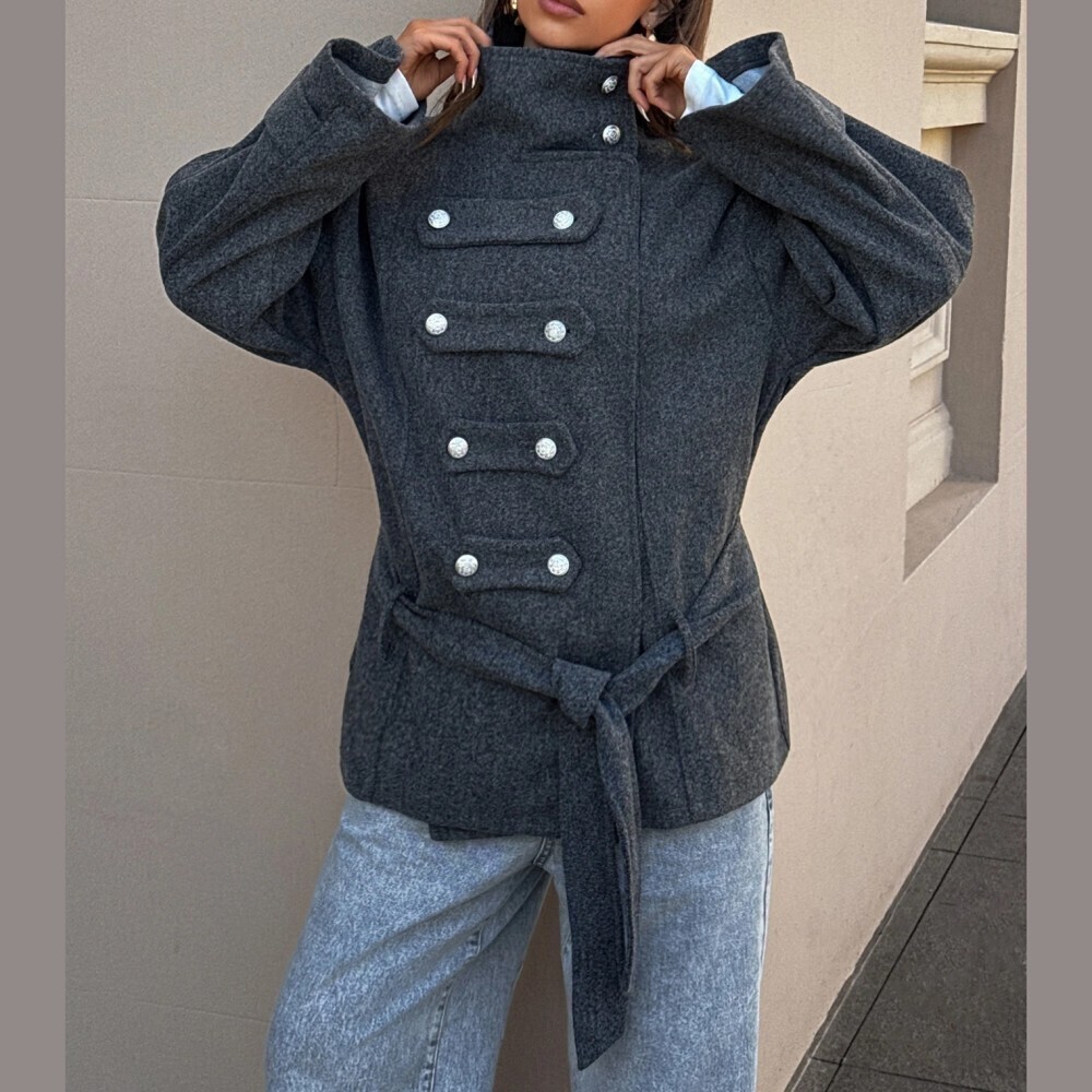 Charcoal Gray Tweed Belted Military Pea Coat Jacket with Funnel Neck